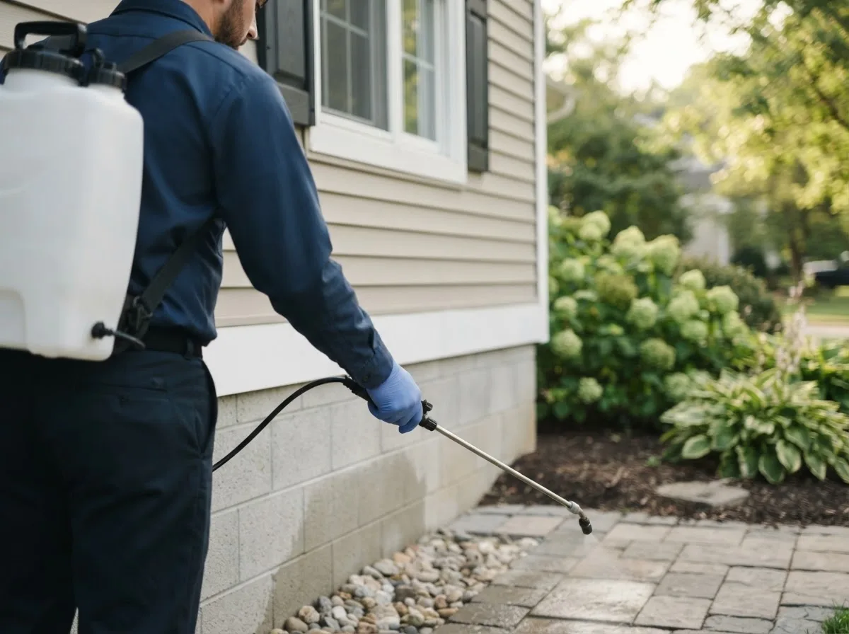 Pest control technician inspecting a home in Fountain, FL